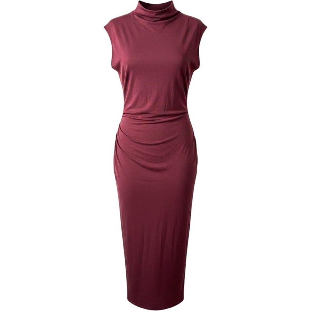 Old Navy Women Dress Burgundy 3X Mock Neck Sleeveless Ribbed Knit Midi Draped